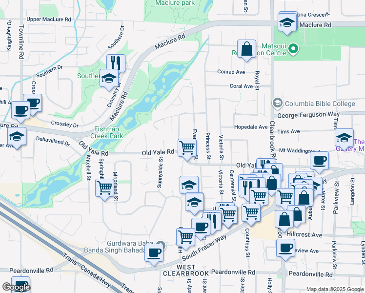 map of restaurants, bars, coffee shops, grocery stores, and more near 2802 Upland Crescent in Abbotsford