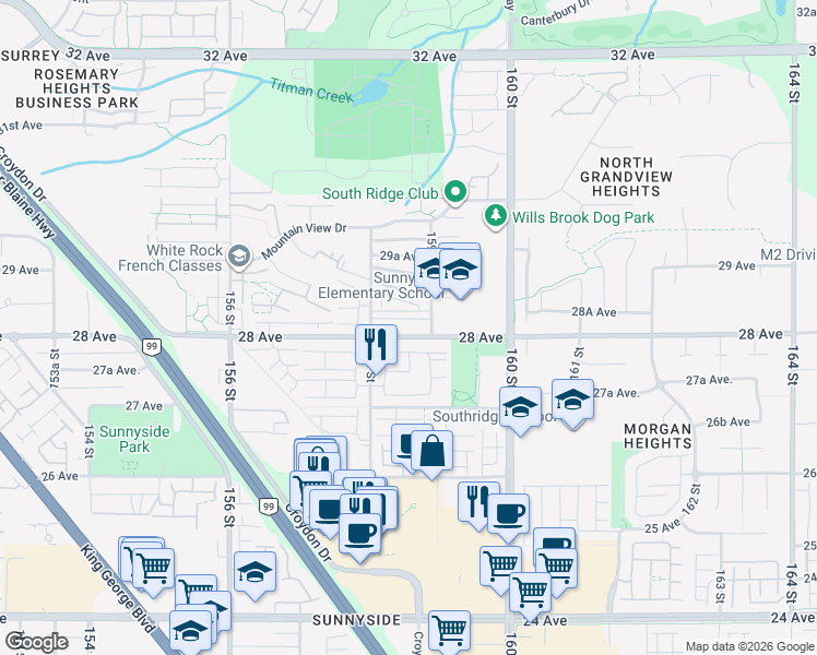 map of restaurants, bars, coffee shops, grocery stores, and more near 15867 28 Avenue in Surrey