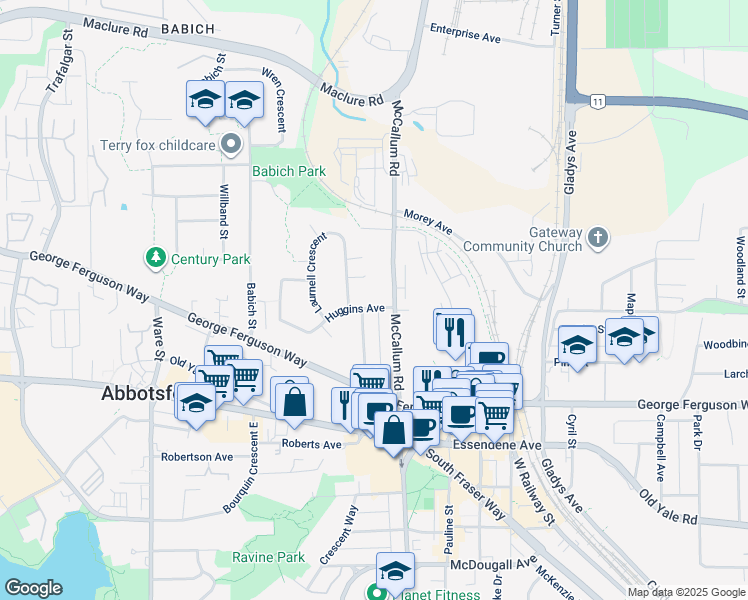 map of restaurants, bars, coffee shops, grocery stores, and more near 33561 Huggins Avenue in Abbotsford