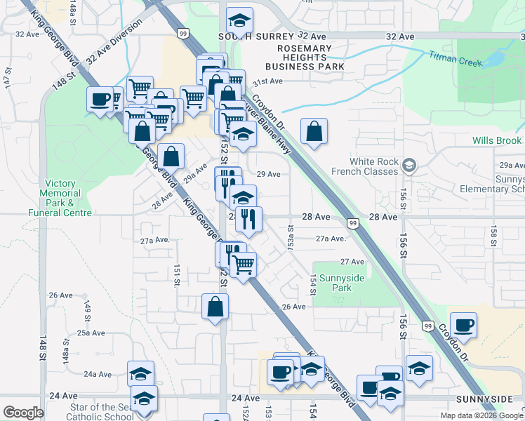 map of restaurants, bars, coffee shops, grocery stores, and more near in Surrey