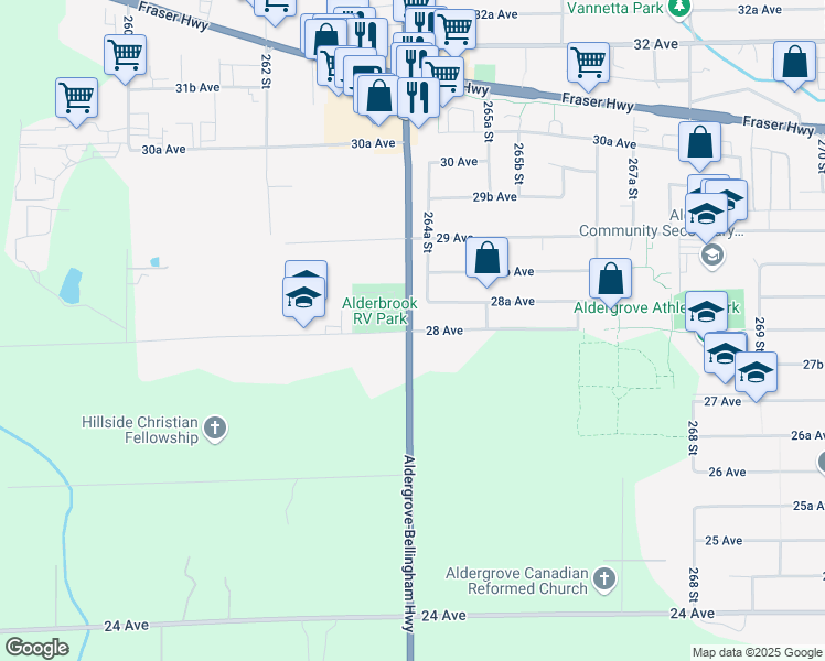 map of restaurants, bars, coffee shops, grocery stores, and more near 26409 28 Avenue in Langley