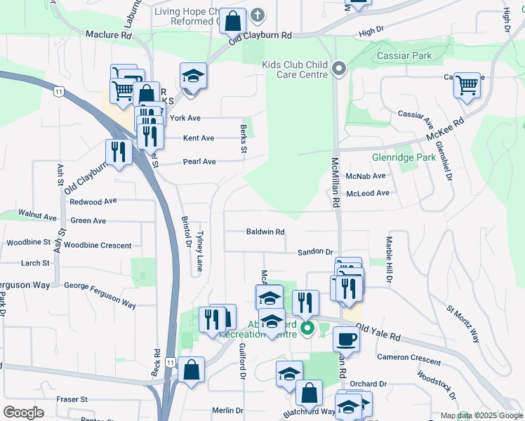 map of restaurants, bars, coffee shops, grocery stores, and more near 34664 Quarry Avenue in Abbotsford
