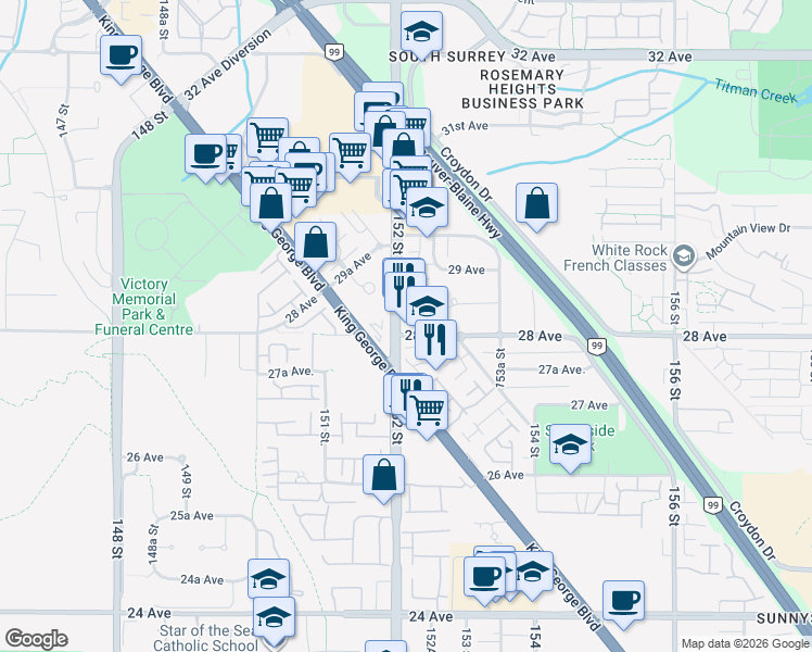 map of restaurants, bars, coffee shops, grocery stores, and more near 2828 152 Street in Surrey