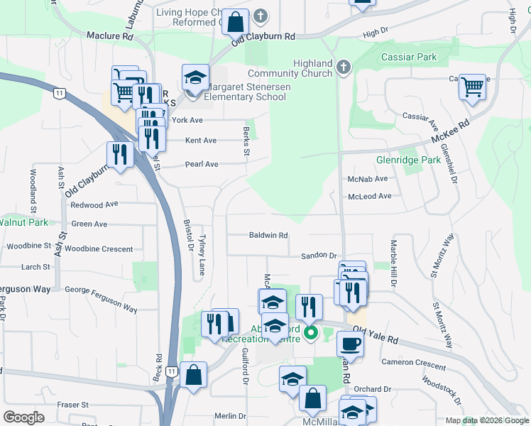 map of restaurants, bars, coffee shops, grocery stores, and more near 34714 Quarry Avenue in Abbotsford