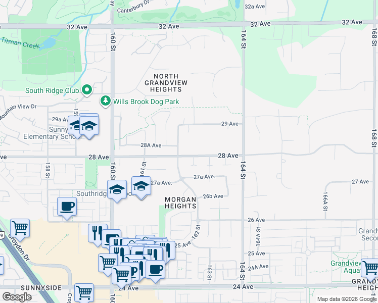 map of restaurants, bars, coffee shops, grocery stores, and more near 16235 28 Avenue in Surrey