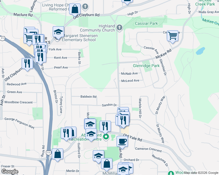 map of restaurants, bars, coffee shops, grocery stores, and more near 34763 Quarry Avenue in Abbotsford