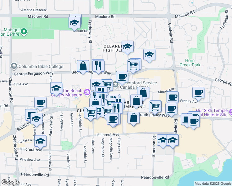 map of restaurants, bars, coffee shops, grocery stores, and more near 32528 Simon Avenue in Abbotsford