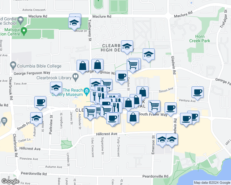 map of restaurants, bars, coffee shops, grocery stores, and more near 32528 Simon Avenue in Abbotsford
