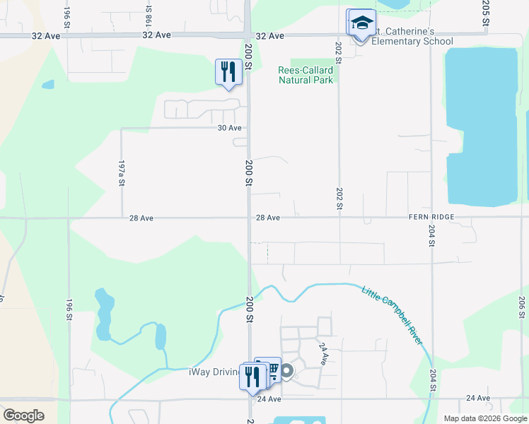 map of restaurants, bars, coffee shops, grocery stores, and more near 20035 28 Avenue in Langley Township