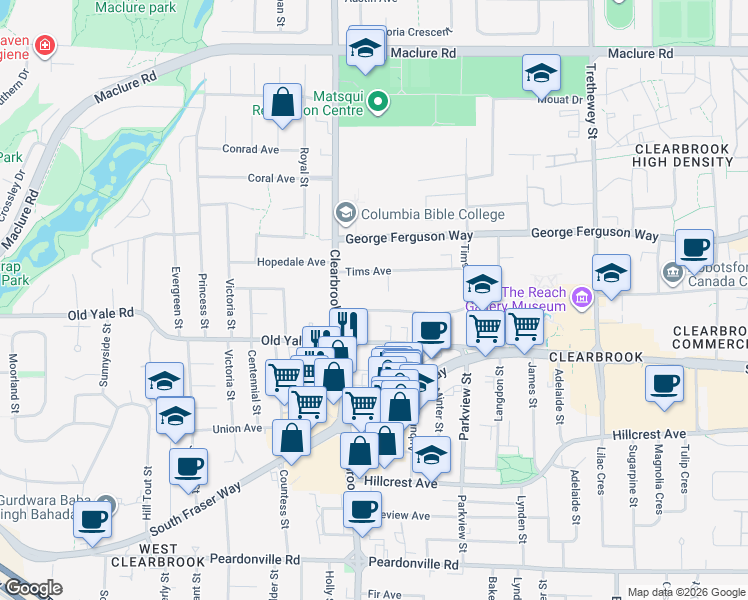 map of restaurants, bars, coffee shops, grocery stores, and more near 32063 Mount Waddington Avenue in Abbotsford