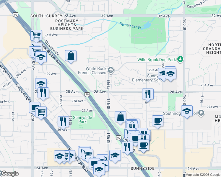 map of restaurants, bars, coffee shops, grocery stores, and more near 2828 156 Street in Surrey