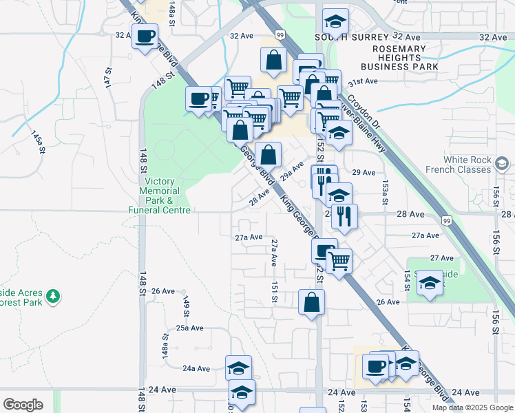 map of restaurants, bars, coffee shops, grocery stores, and more near 15030 28 Avenue in Surrey