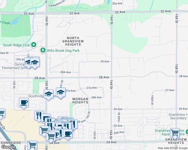 map of restaurants, bars, coffee shops, grocery stores, and more near 16285 28 Avenue in Surrey