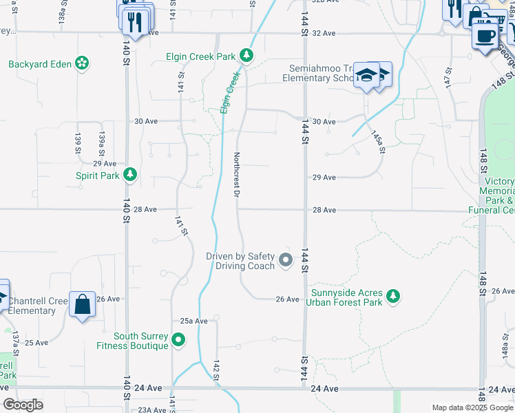 map of restaurants, bars, coffee shops, grocery stores, and more near 14275 28 Avenue in Surrey