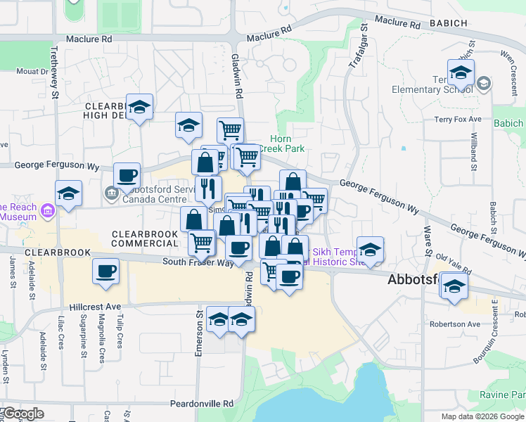 map of restaurants, bars, coffee shops, grocery stores, and more near 2814 Gladwin Road in Abbotsford