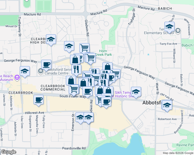 map of restaurants, bars, coffee shops, grocery stores, and more near 2814 Gladwin Road in Abbotsford