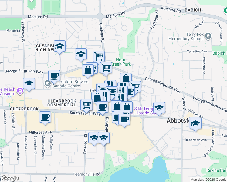 map of restaurants, bars, coffee shops, grocery stores, and more near 32828 Landeau Place in Abbotsford