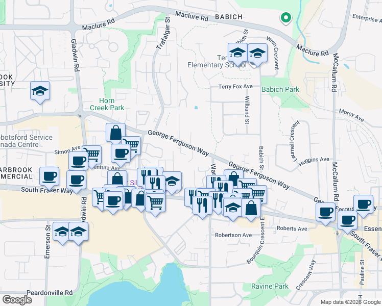 map of restaurants, bars, coffee shops, grocery stores, and more near 33136 George Ferguson Way in Abbotsford