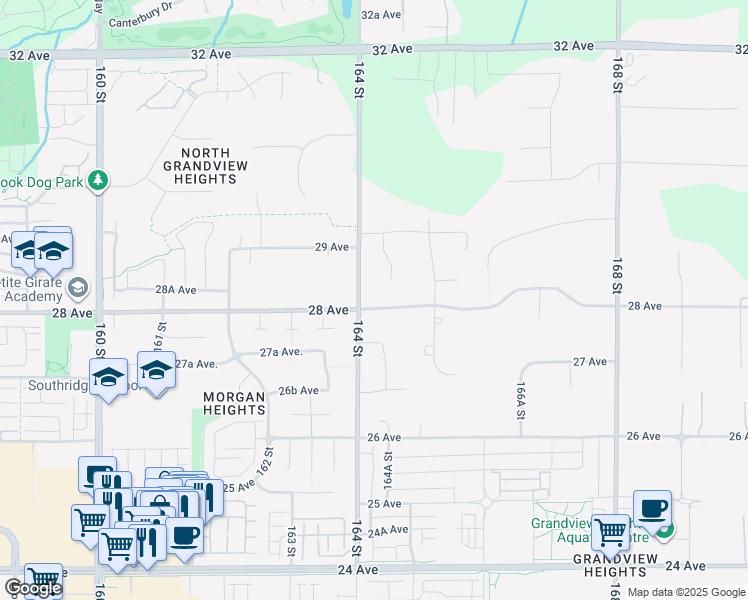 map of restaurants, bars, coffee shops, grocery stores, and more near 16427 28 Avenue in Surrey