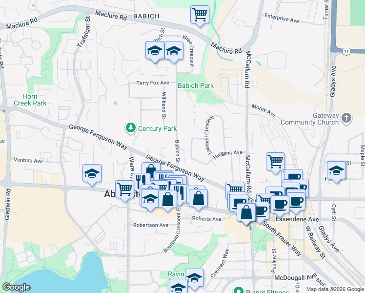 map of restaurants, bars, coffee shops, grocery stores, and more near 33383 Silvertree Court in Abbotsford