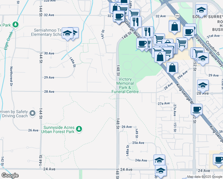 map of restaurants, bars, coffee shops, grocery stores, and more near 2811 Semiahmoo Trail in Surrey