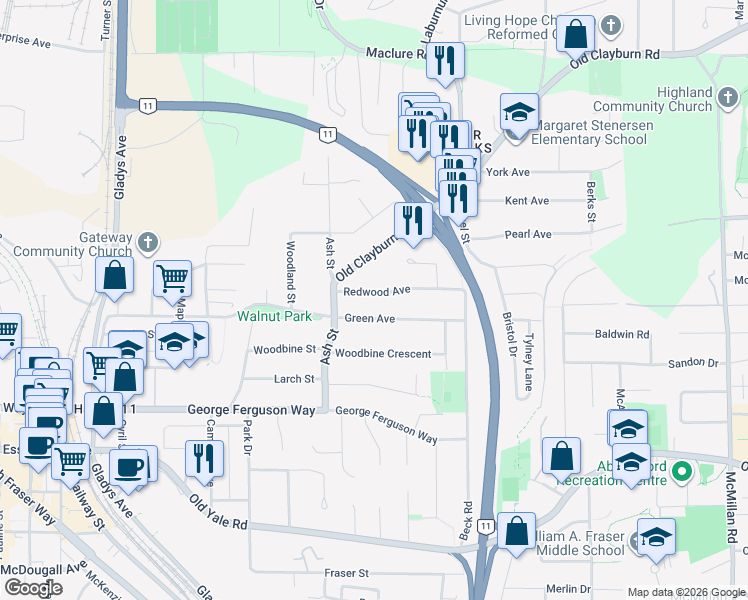 map of restaurants, bars, coffee shops, grocery stores, and more near 34258 Redwood Avenue in Abbotsford