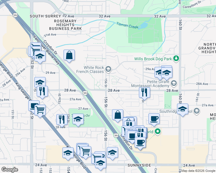 map of restaurants, bars, coffee shops, grocery stores, and more near 2828 156 Street in Surrey
