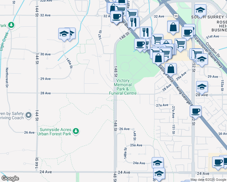 map of restaurants, bars, coffee shops, grocery stores, and more near Semiahmoo Heritage Trail in Surrey