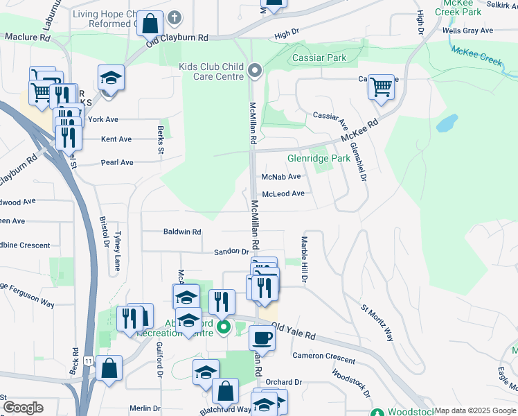 map of restaurants, bars, coffee shops, grocery stores, and more near 2857 McMillan Road in Abbotsford