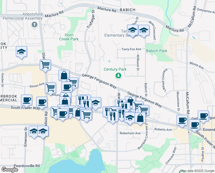 map of restaurants, bars, coffee shops, grocery stores, and more near 33184 George Ferguson Way in Abbotsford