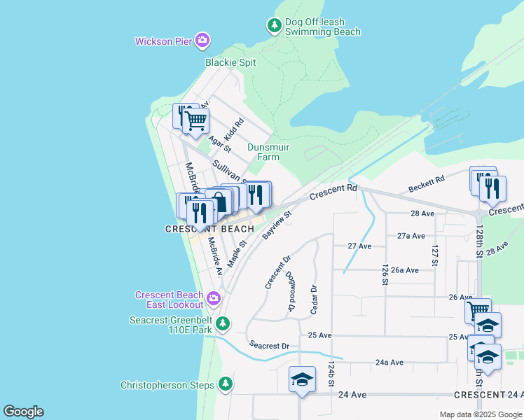 map of restaurants, bars, coffee shops, grocery stores, and more near in Surrey