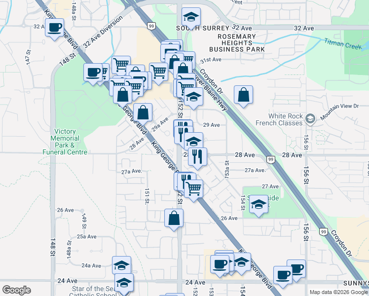 map of restaurants, bars, coffee shops, grocery stores, and more near 2828 152 Street in Surrey