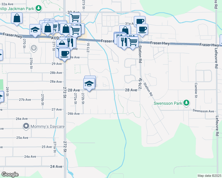 map of restaurants, bars, coffee shops, grocery stores, and more near 27411 273 Street in Langley Township