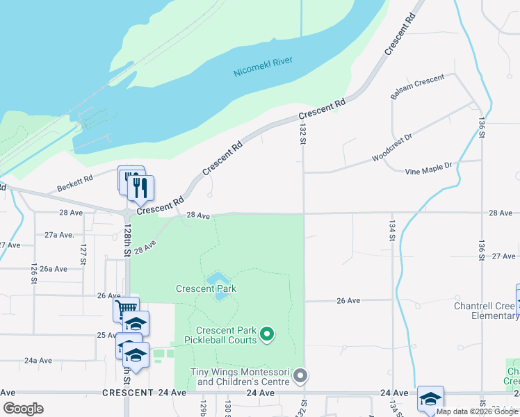 map of restaurants, bars, coffee shops, grocery stores, and more near 13097 28 Avenue in Surrey