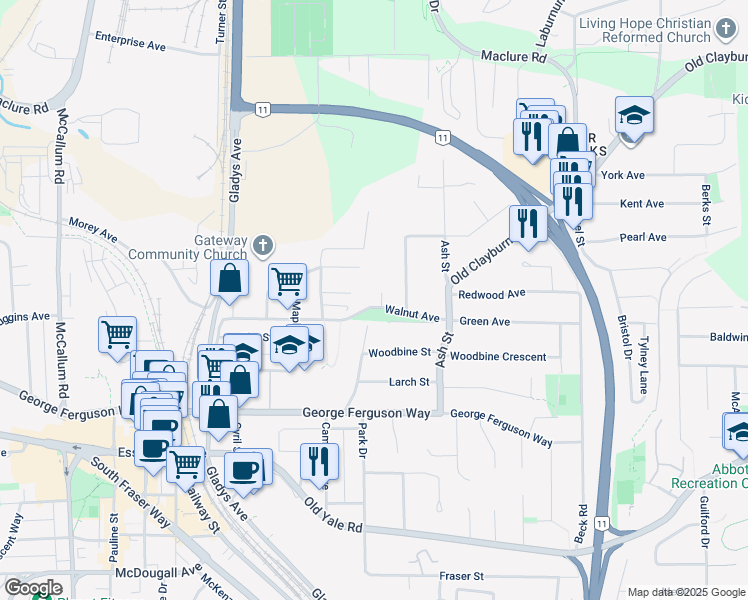 map of restaurants, bars, coffee shops, grocery stores, and more near 2827 Cambridge Street in Abbotsford