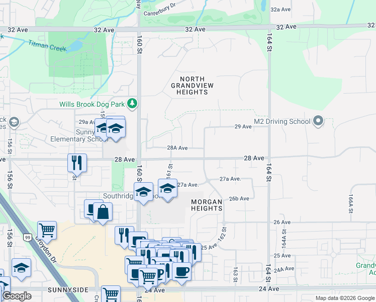 map of restaurants, bars, coffee shops, grocery stores, and more near 16161 28 Avenue in Surrey