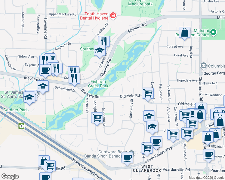 map of restaurants, bars, coffee shops, grocery stores, and more near Westside Place in Abbotsford