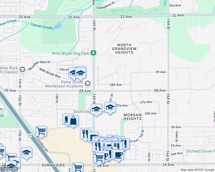 map of restaurants, bars, coffee shops, grocery stores, and more near 16086 28A Avenue in Surrey