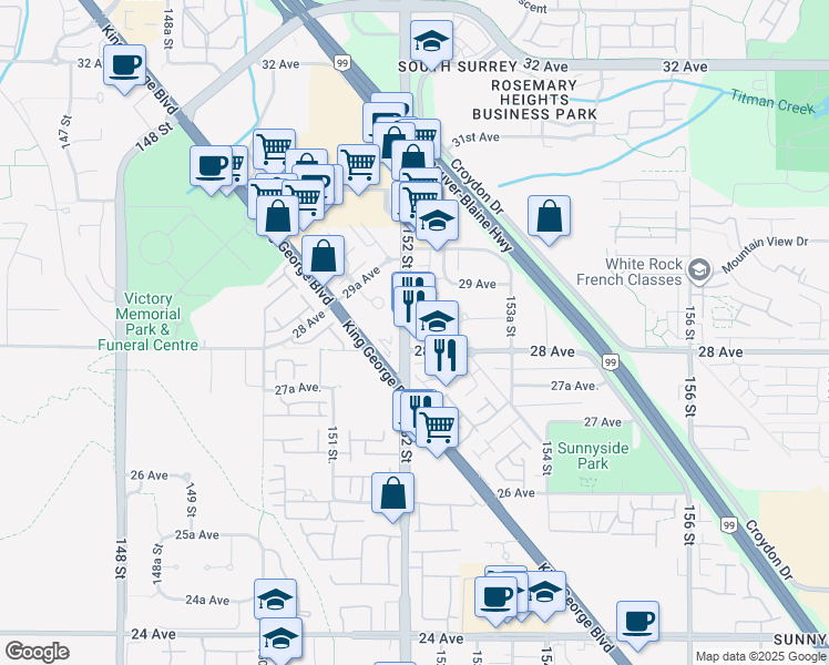 map of restaurants, bars, coffee shops, grocery stores, and more near 2828 152 Street in Surrey