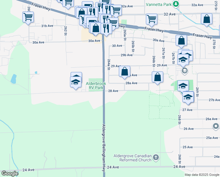 map of restaurants, bars, coffee shops, grocery stores, and more near 26433 28 Avenue in Langley Township