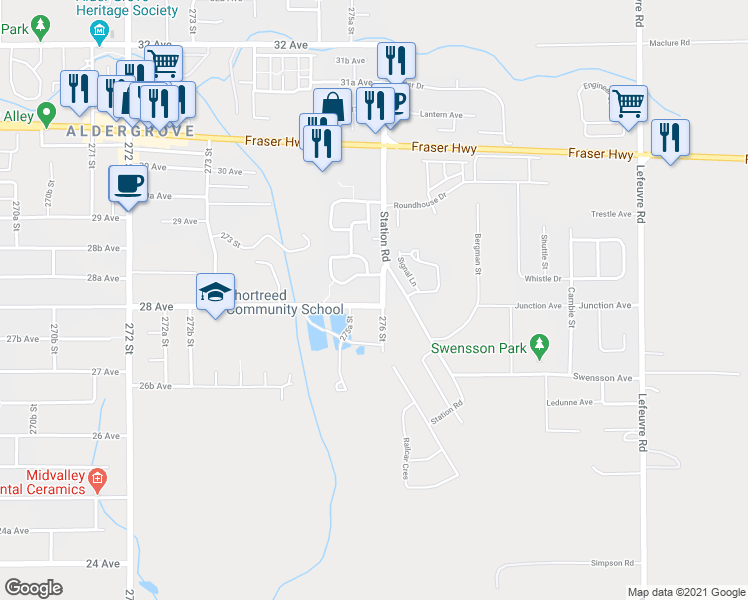 map of restaurants, bars, coffee shops, grocery stores, and more near 27595 28 Avenue in Langley Township