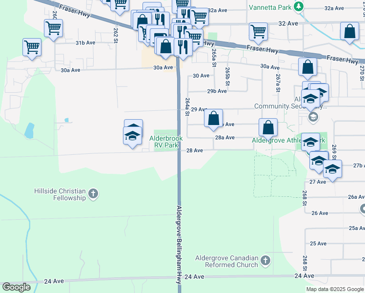 map of restaurants, bars, coffee shops, grocery stores, and more near 26409 28 Avenue in Langley Township