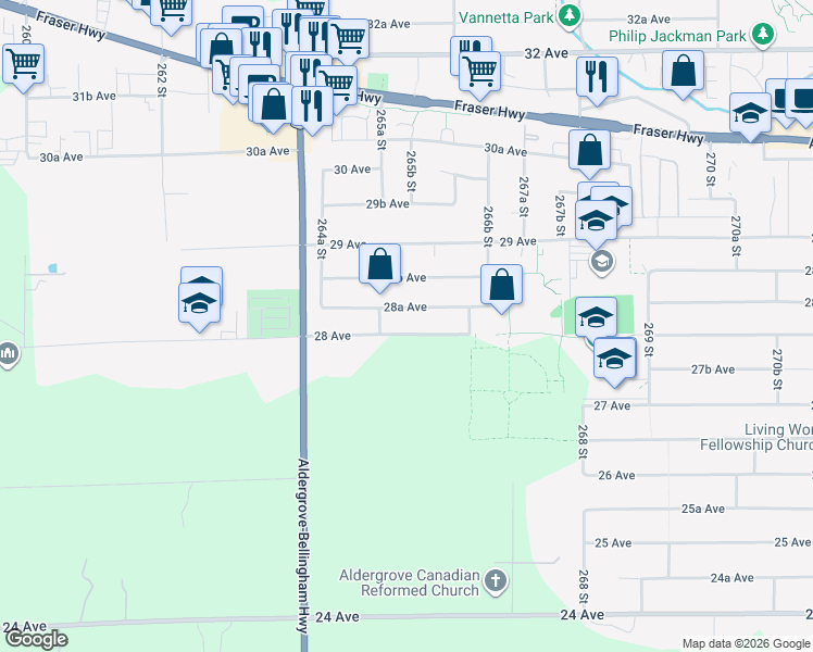 map of restaurants, bars, coffee shops, grocery stores, and more near 26539 28 Avenue in Langley Township