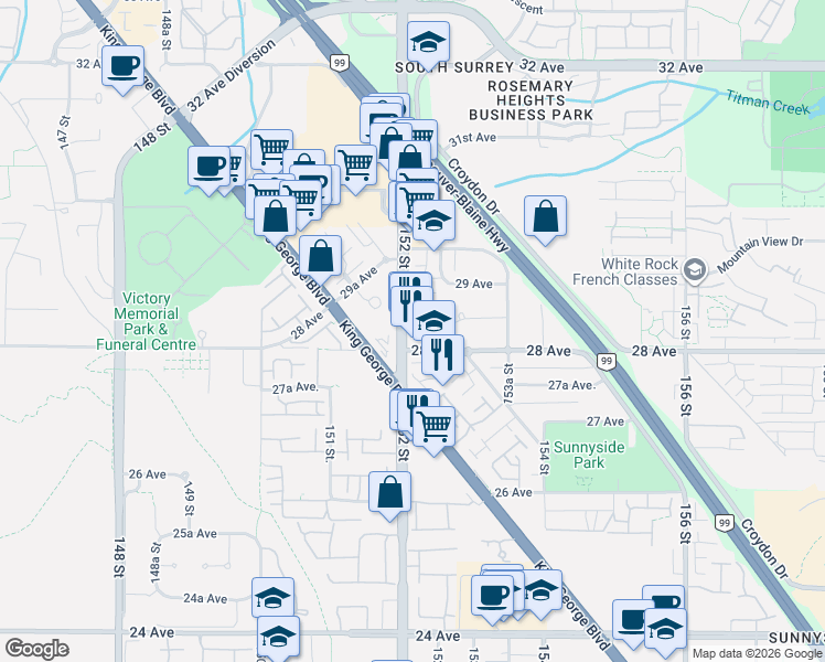 map of restaurants, bars, coffee shops, grocery stores, and more near 2828 152 Street in Surrey