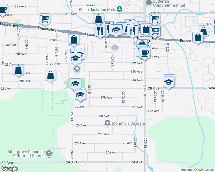 map of restaurants, bars, coffee shops, grocery stores, and more near 26995 28 Avenue in Langley Township