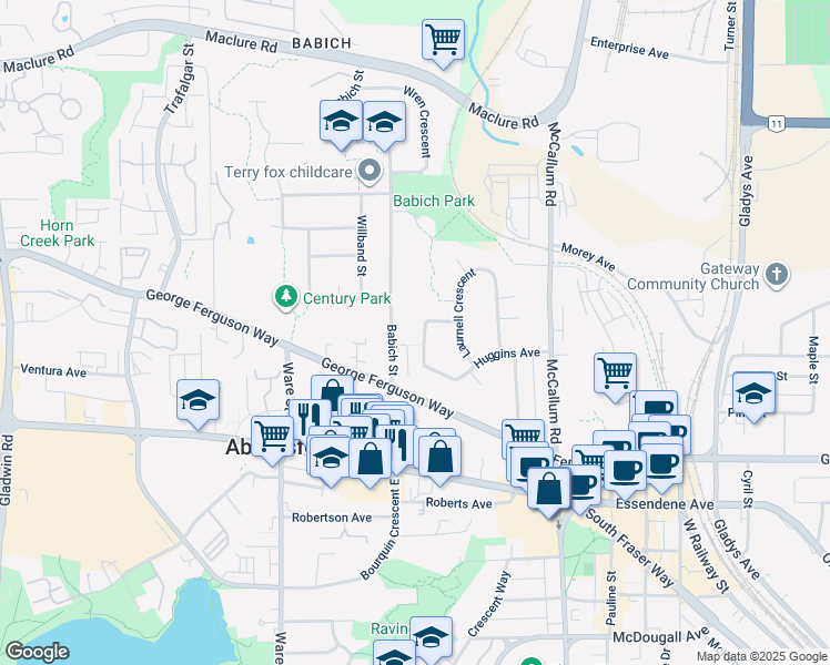 map of restaurants, bars, coffee shops, grocery stores, and more near 2829 Arlington Street in Abbotsford