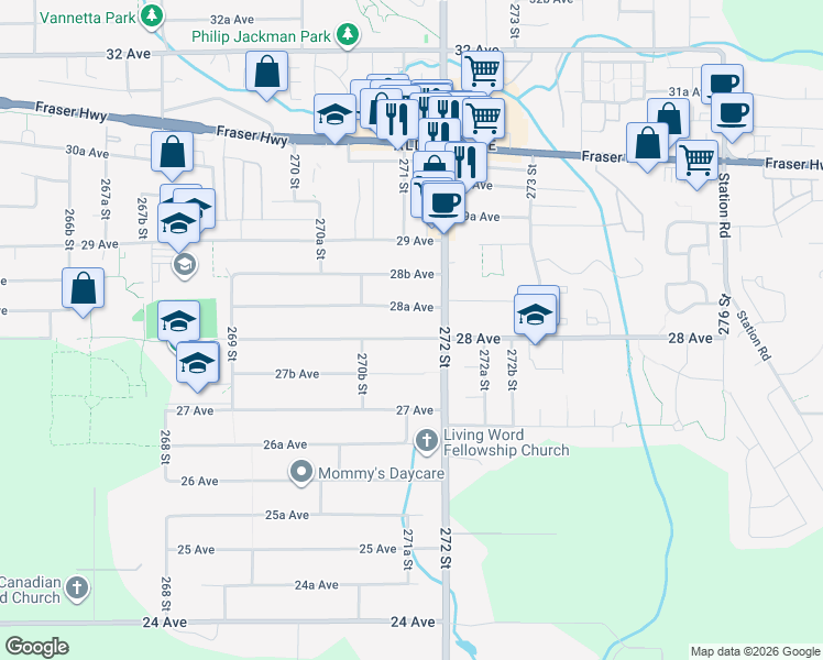 map of restaurants, bars, coffee shops, grocery stores, and more near 27157 28 Avenue in Langley Township