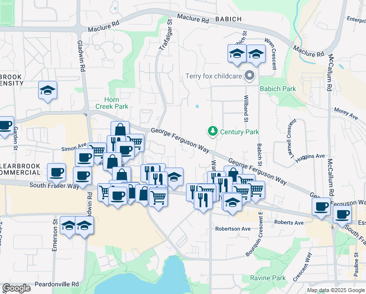 map of restaurants, bars, coffee shops, grocery stores, and more near 2830 Bourquin Crescent West in Abbotsford