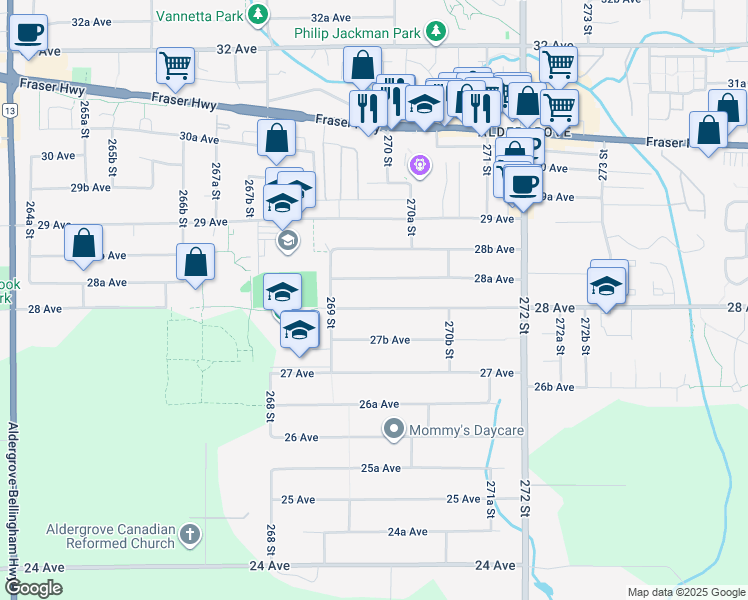 map of restaurants, bars, coffee shops, grocery stores, and more near 26967 28 Avenue in Langley Township