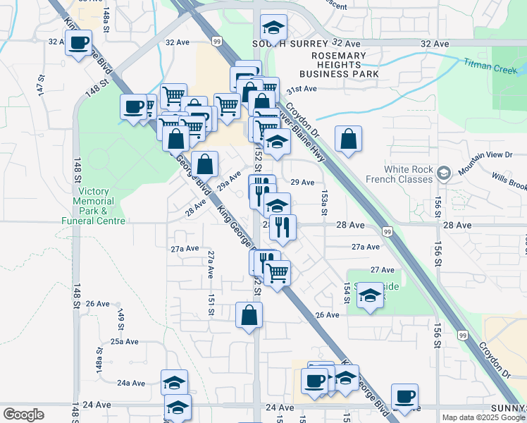 map of restaurants, bars, coffee shops, grocery stores, and more near 2828 152 Street in Surrey
